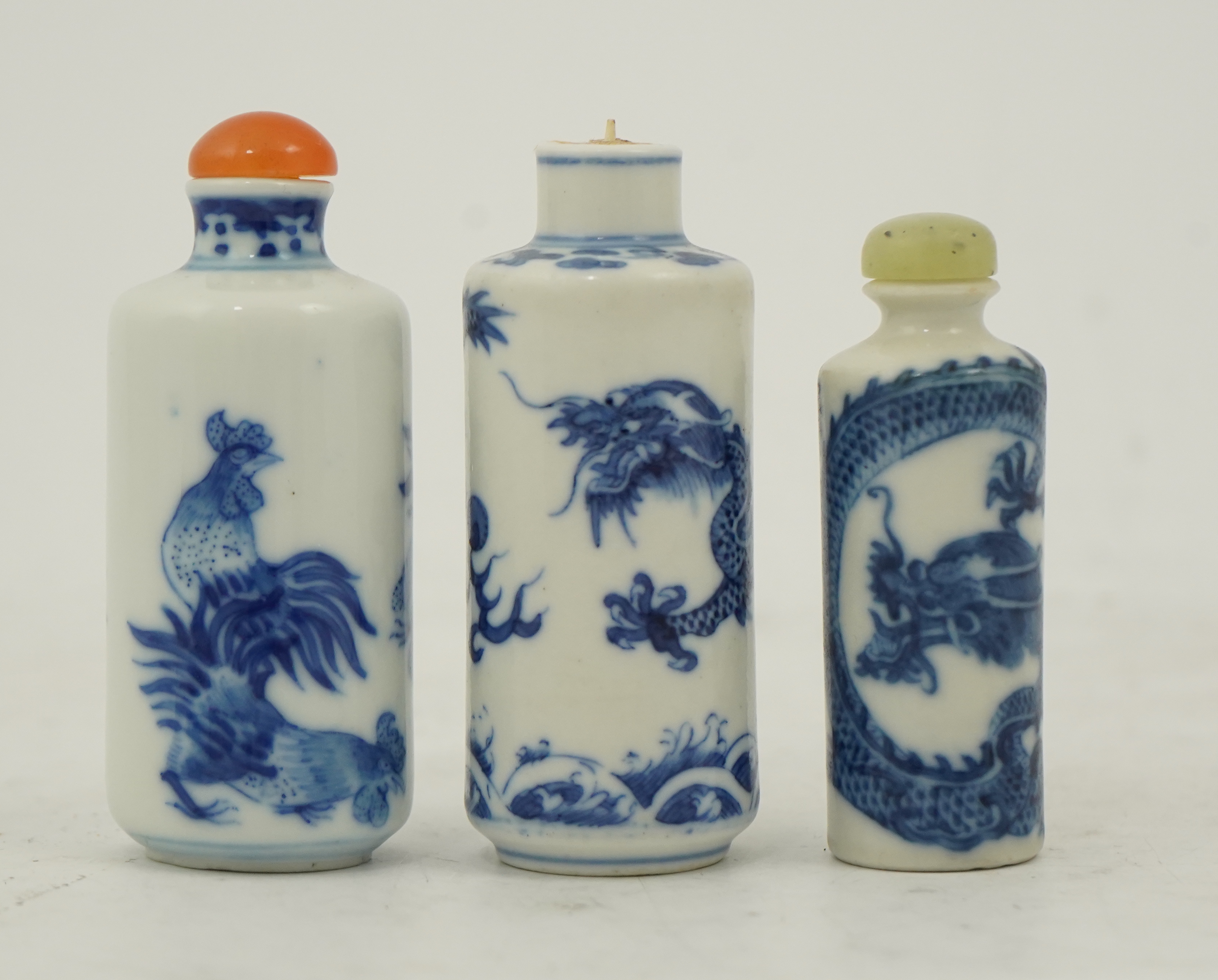 Three Chinese blue and white snuff bottles, c.1850-1900